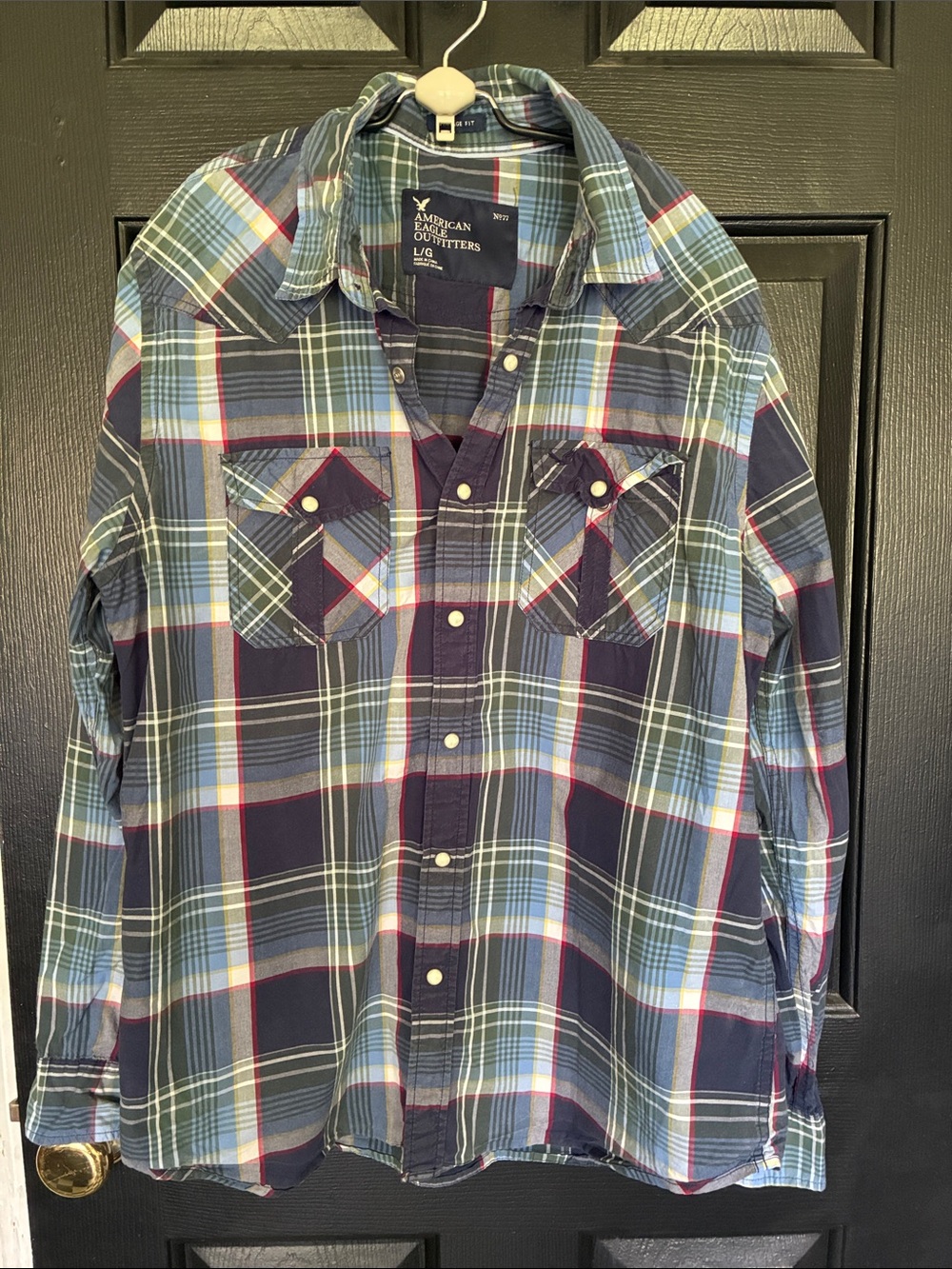 American Eagle Outfitters Blue and Navy Plaid Snap-Down Shirt